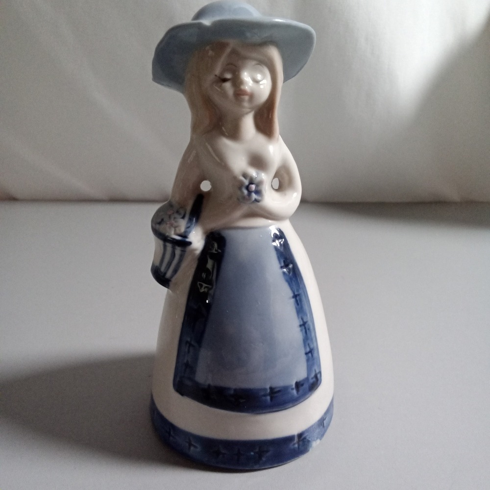 Vintage Flambro Fine Porcelain Girl with Flower Basket Bell Figurine Blue White